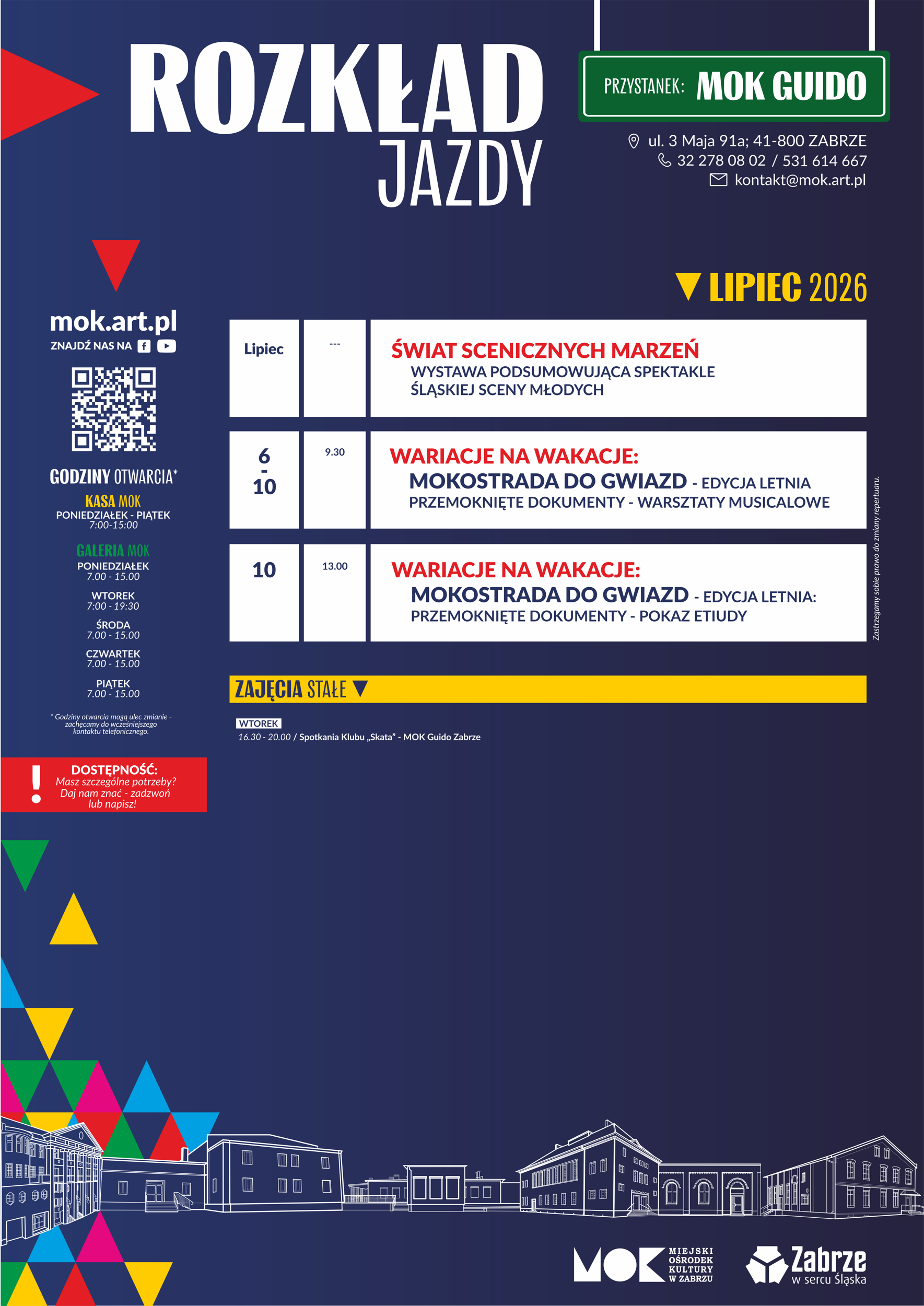 plakat z wydarzeniami na przystanku MOK Gudio w lipcu 2026